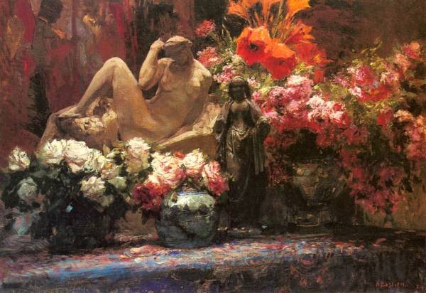 A Floral Still Life With Sculpture